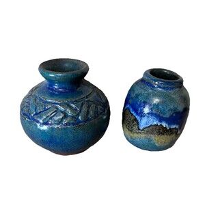 Studio Art Pottery Mini Pair of Vases Blue Drip Paint Glaze Signed Vintage Dated